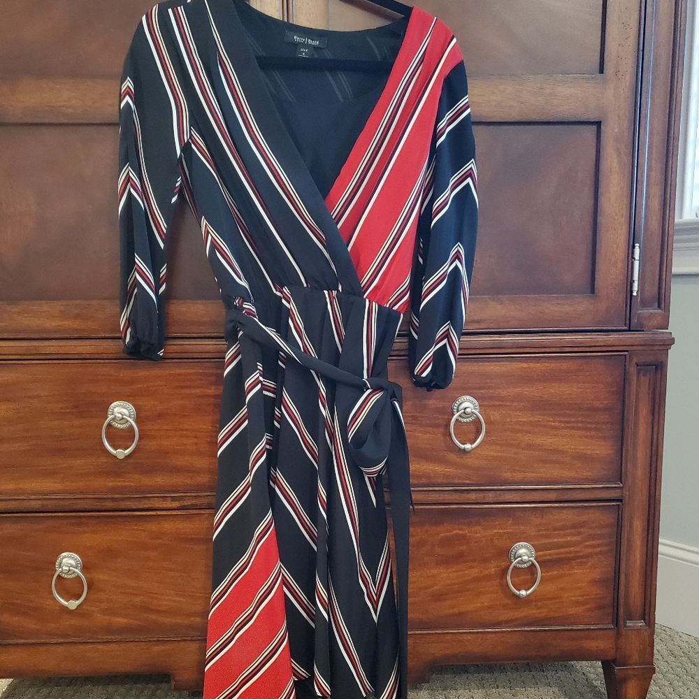 Black, red and tan striped silk dress
